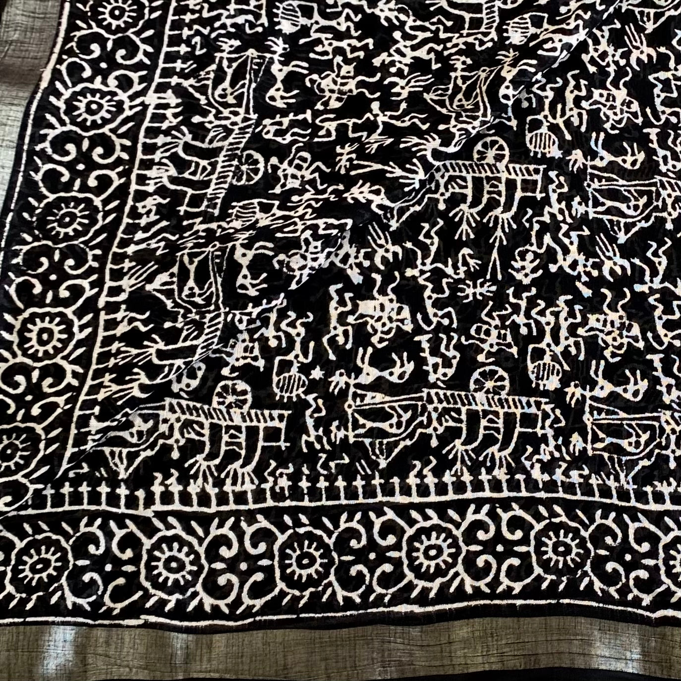 Jet Black Soft Block Printed Linen With Bright White Warli Print