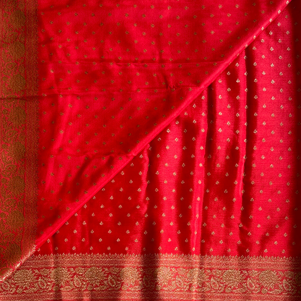 Crimson Silk Saree Gold Brocade Floral Border Bridal Wedding