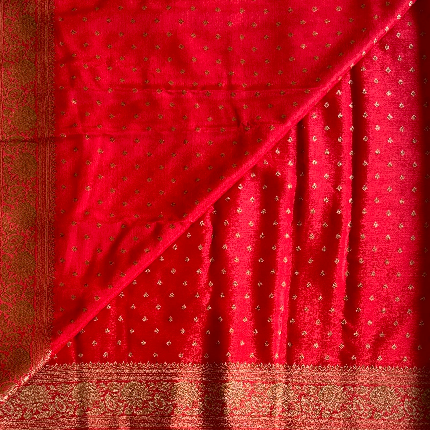 Crimson Silk Saree Gold Brocade Floral Border Bridal Wedding