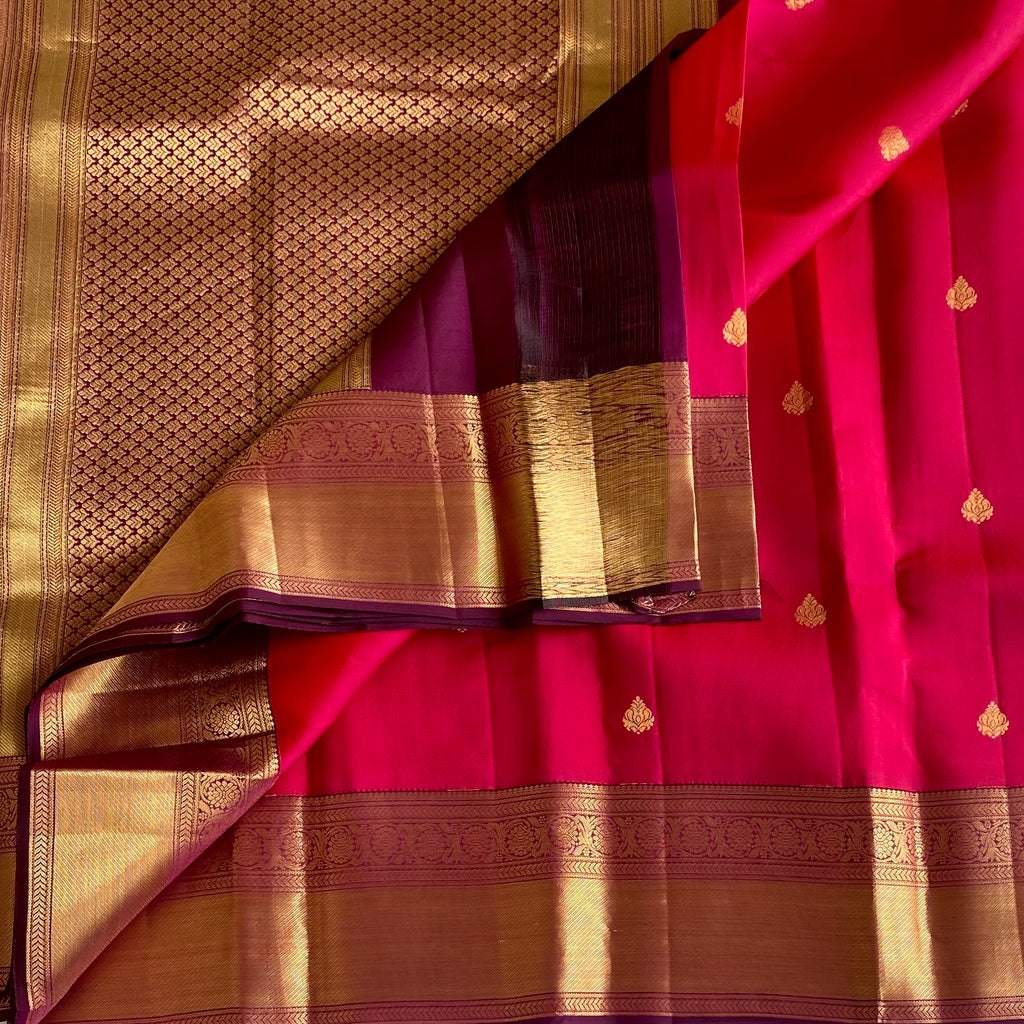 Rani Pink Designer Pure Silk Saree With Plum Purple Pallu