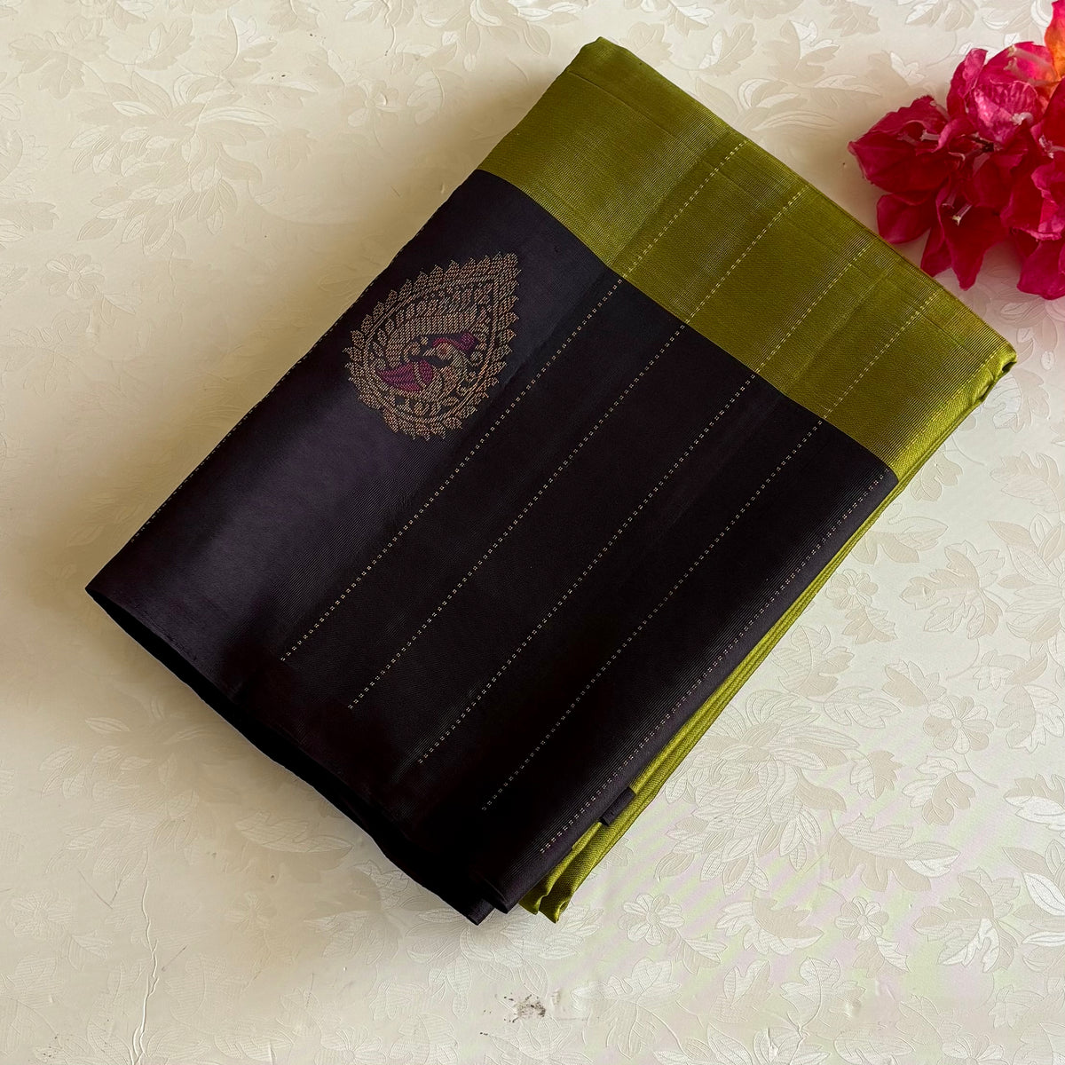 Lime Green Designer Pure Silk Saree With Charcoal Black Floral Pallu
