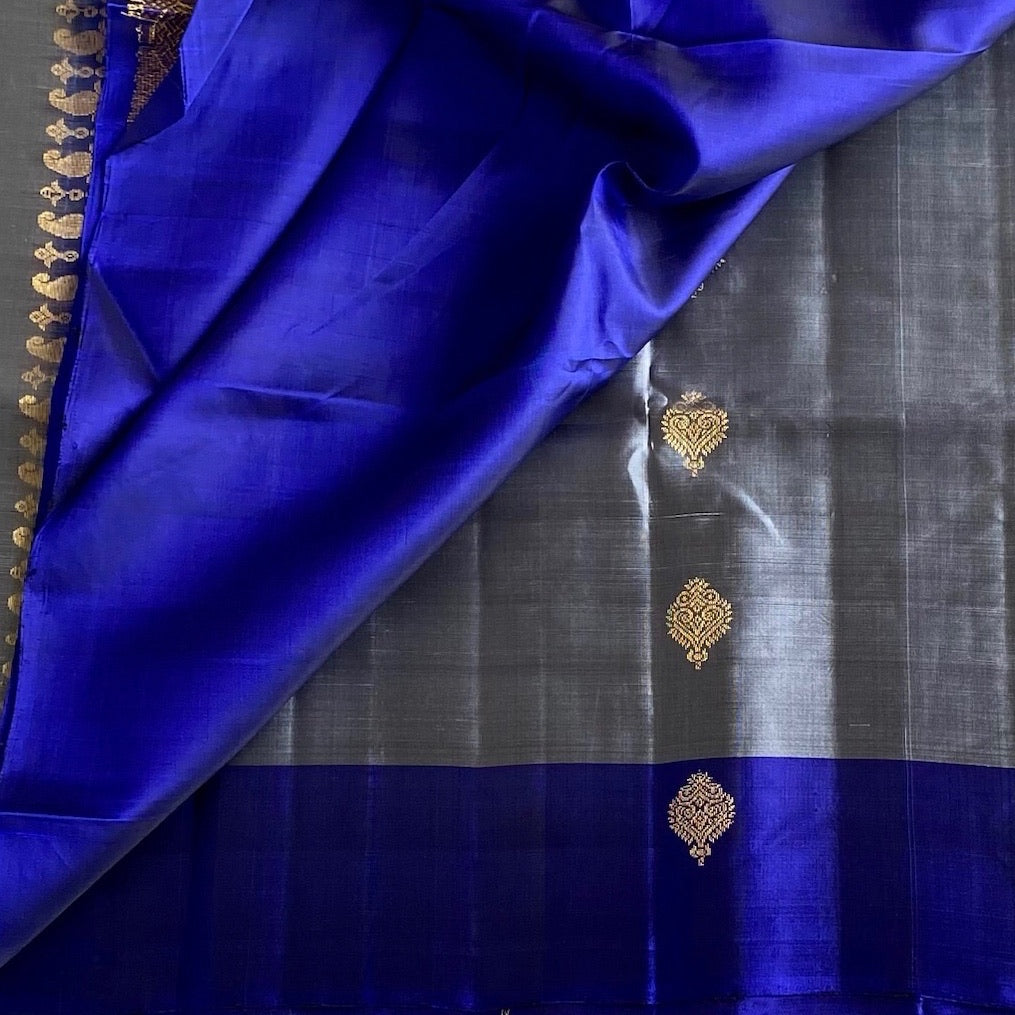 Slate Gray Designer Pure Silk Saree With Royal Blue Pallu