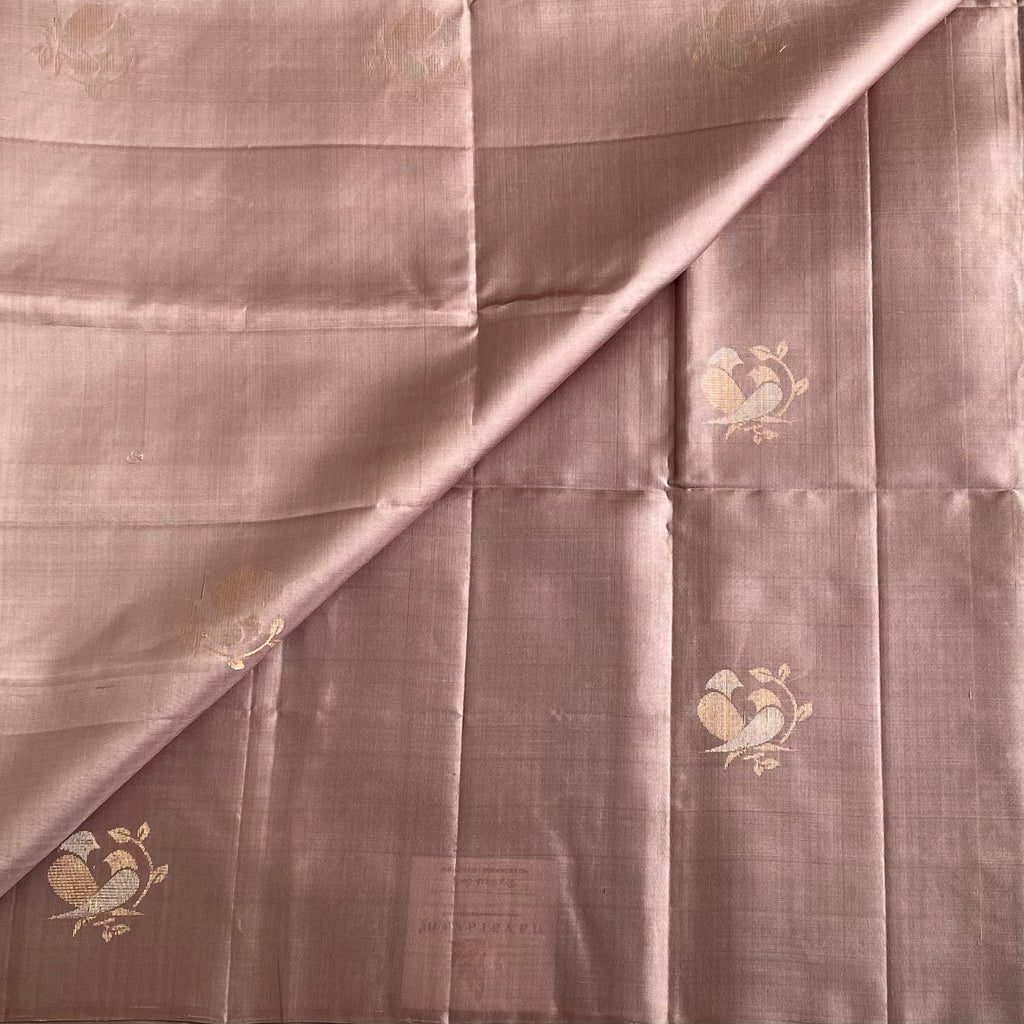 Dusty Mauve Designer Pure Silk Saree With Coral Red Pallu Gold Zari
