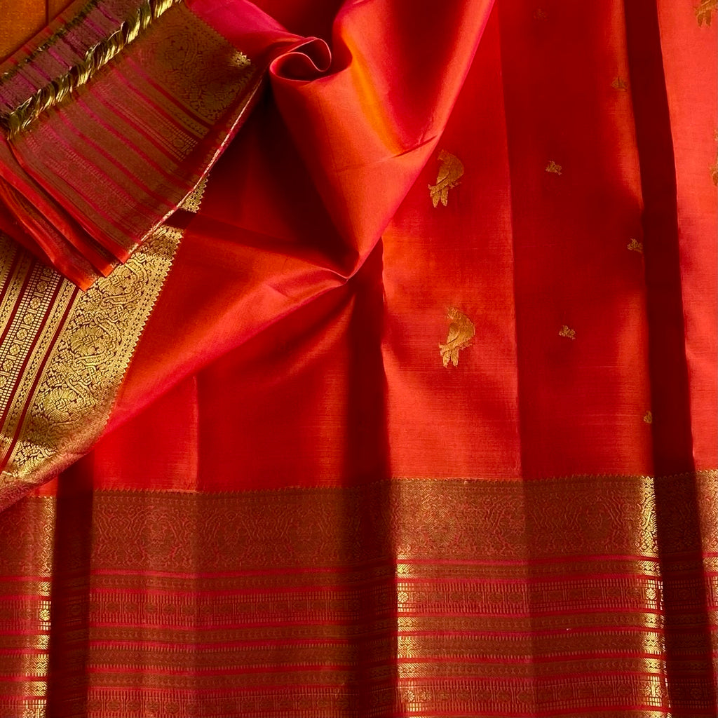 Burnt Orange Designer Pure Silk Saree With Zari Woven Pallu