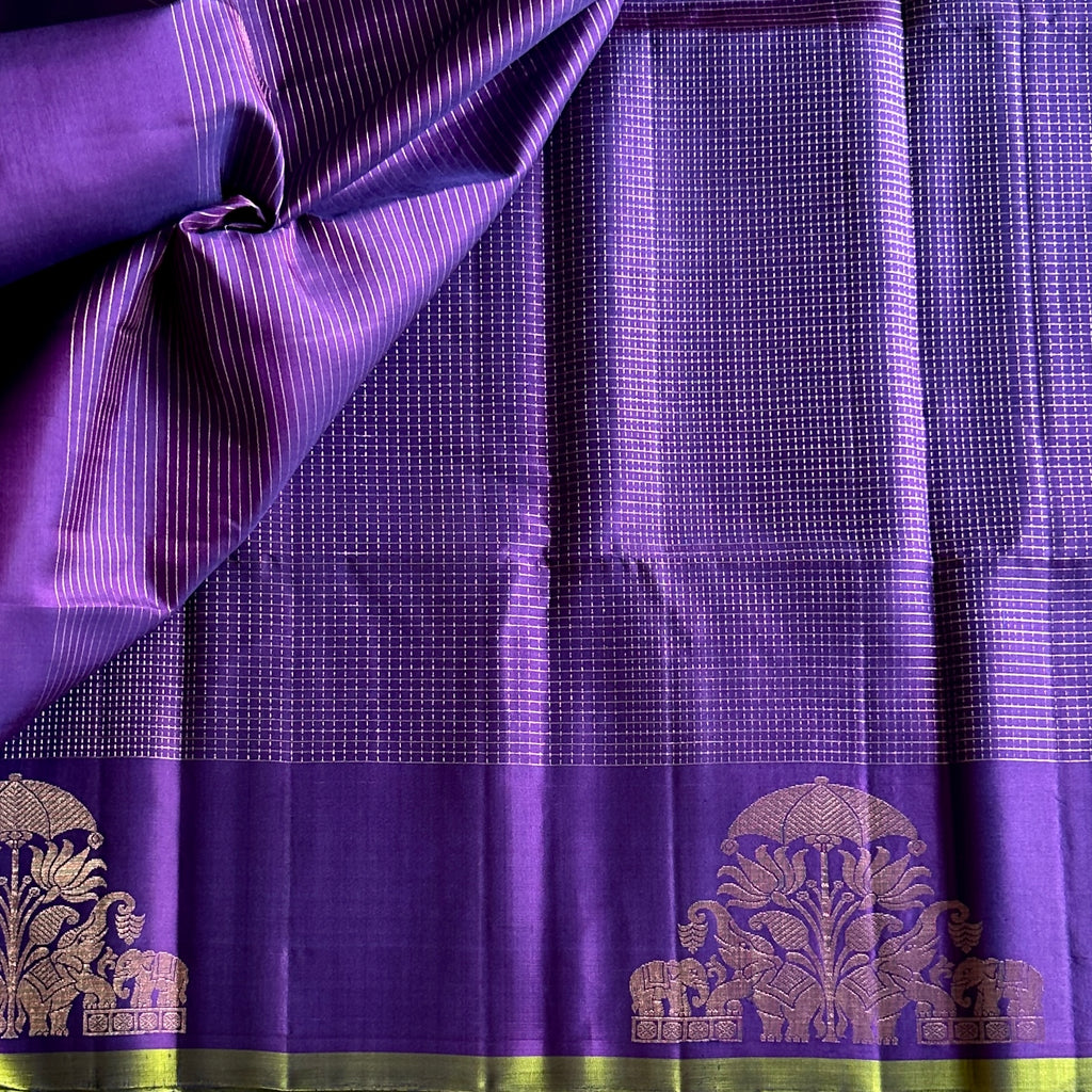 Royal Purple Silk Saree Rose Gold Zari Elephant Border Traditional