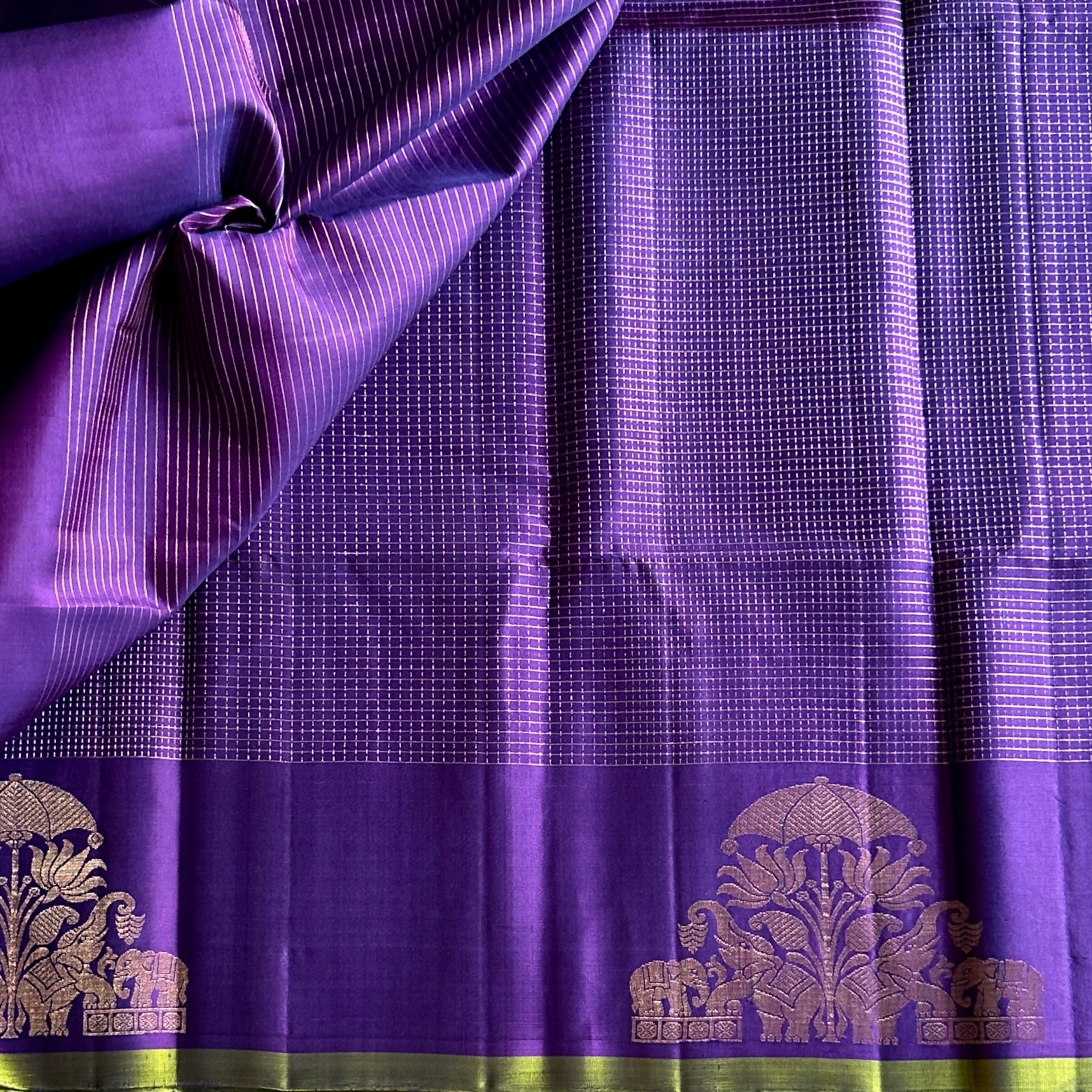 Royal Purple Silk Saree Rose Gold Zari Elephant Border Traditional