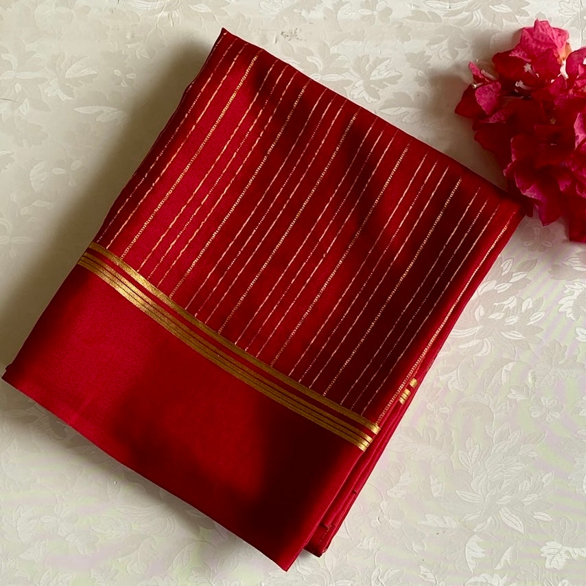 Crimson Red Mysore Crepe Silk Saree With Metallic Gold Stripes