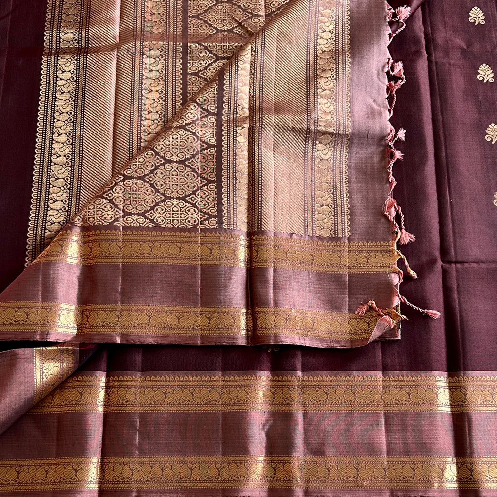 Coffee Brown Silk Brocade Saree With Metallic Brown Zari Woven Border