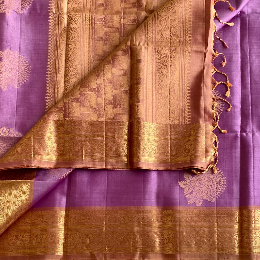 Metallic Lavender Designer Pure Silk With Bronze Copper Pallu