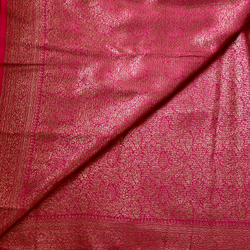 Magenta Gold Brocade Saree Elongated Paisley Pallu Wedding Wear Traditional