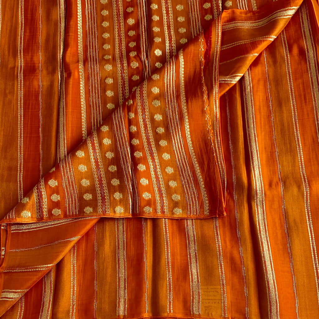 Saffron Orange Zari Striped Saree With Gold Floral Motifs