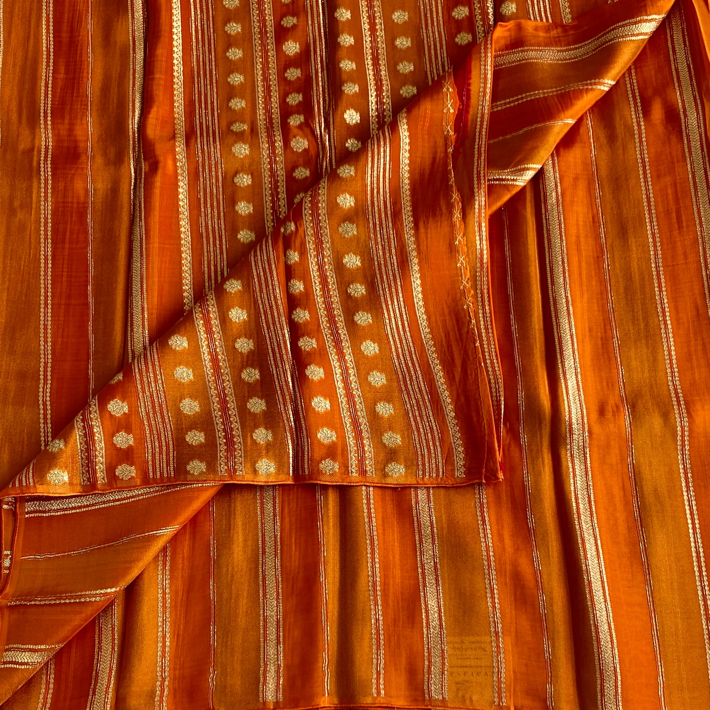 Saffron Orange Zari Striped Saree With Gold Floral Motifs