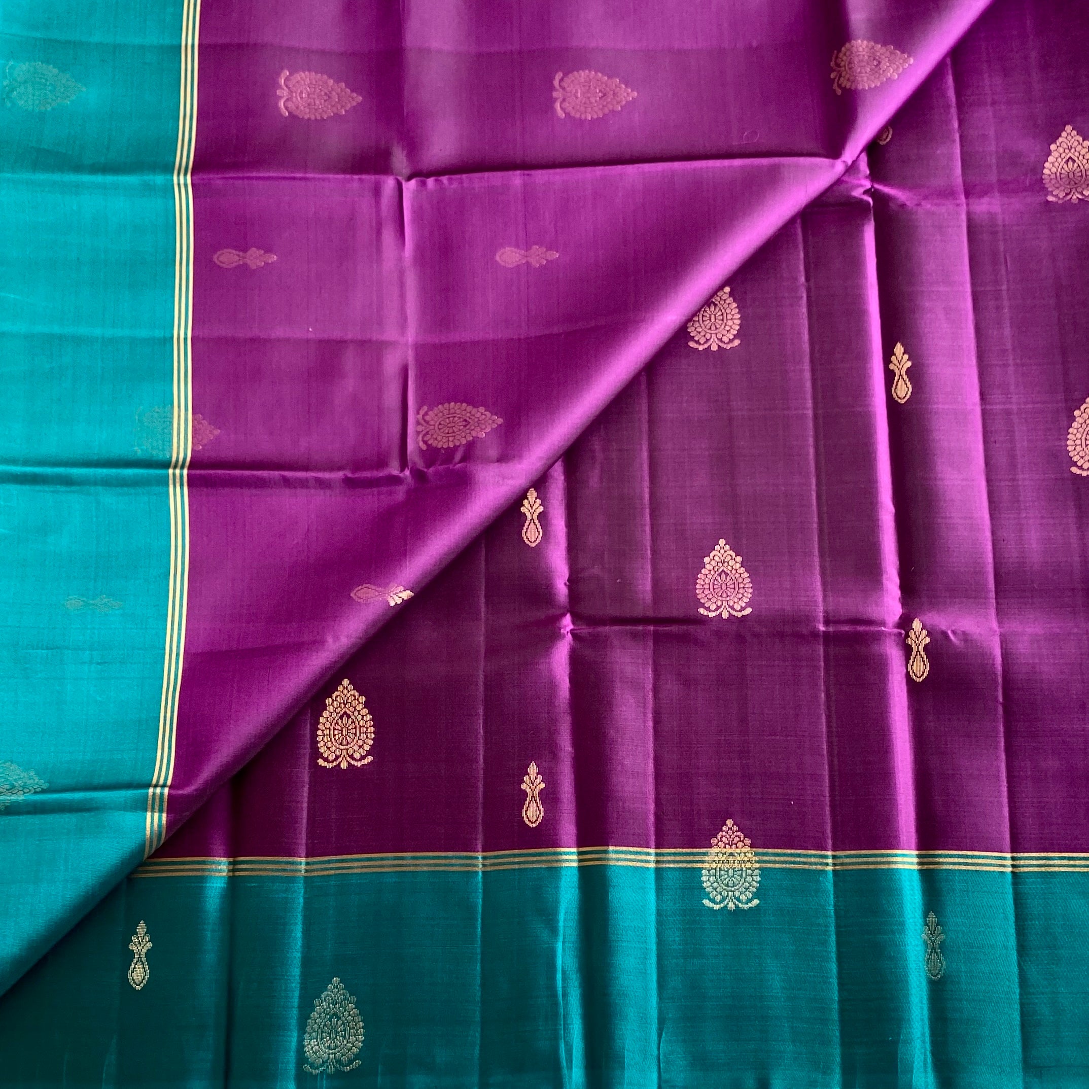 Rich Purple Pure Silk Saree With Metallic Teal Pallu And Gold Zari