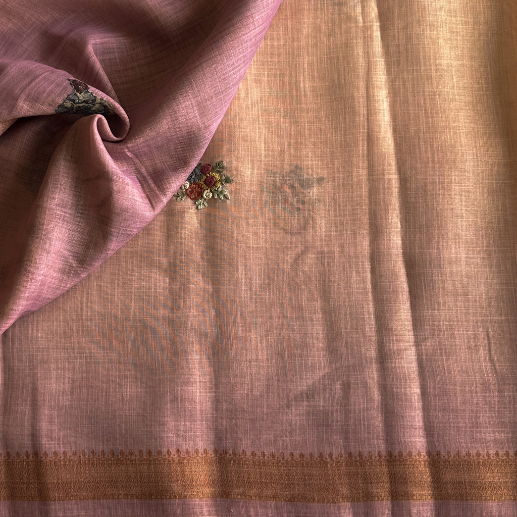 Blush Peach Floral Embroidered Saree with Antique Gold Woven Border