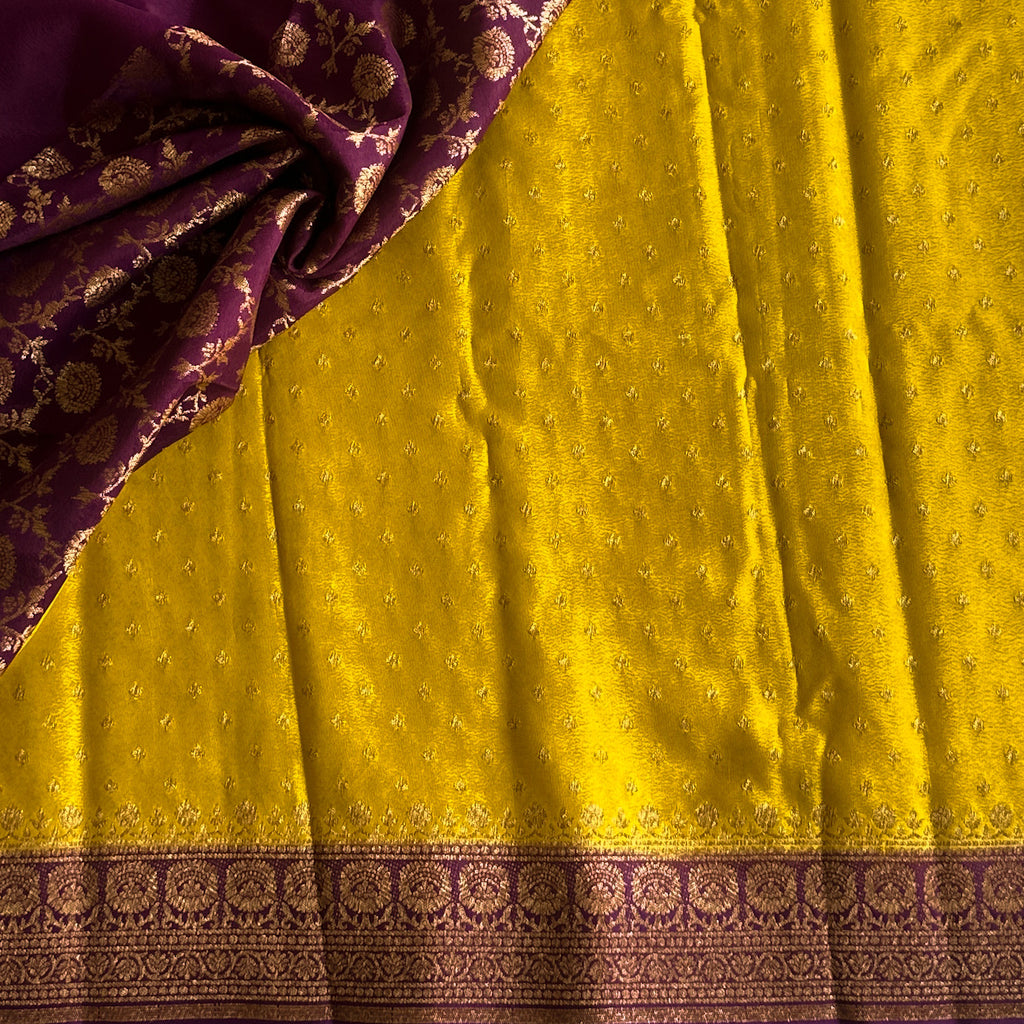 Lime greenish yellow with dark purple Banarasi soft crepe silk
