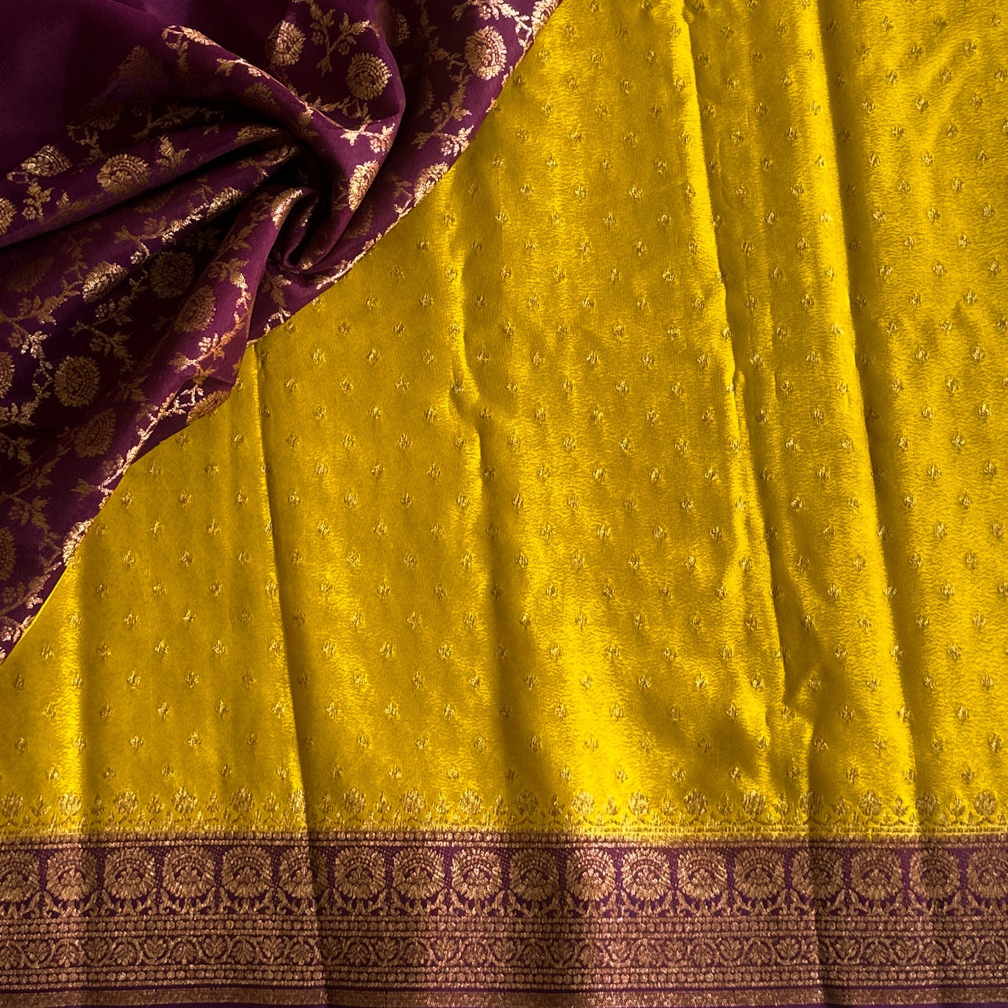 Lime greenish yellow with dark purple Banarasi soft crepe silk