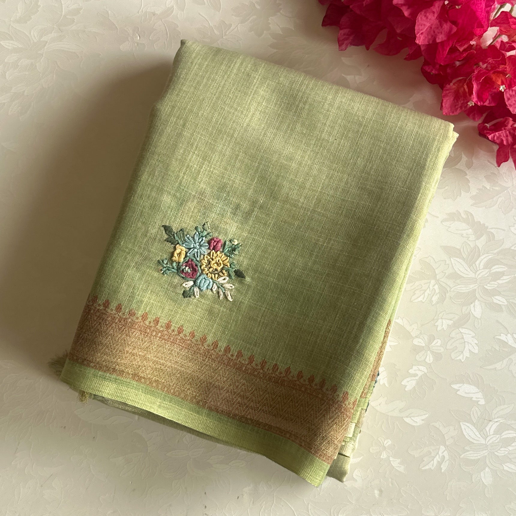 Elegant Pistachio Green Floral Embroidered Saree Antique Gold Brocade Border