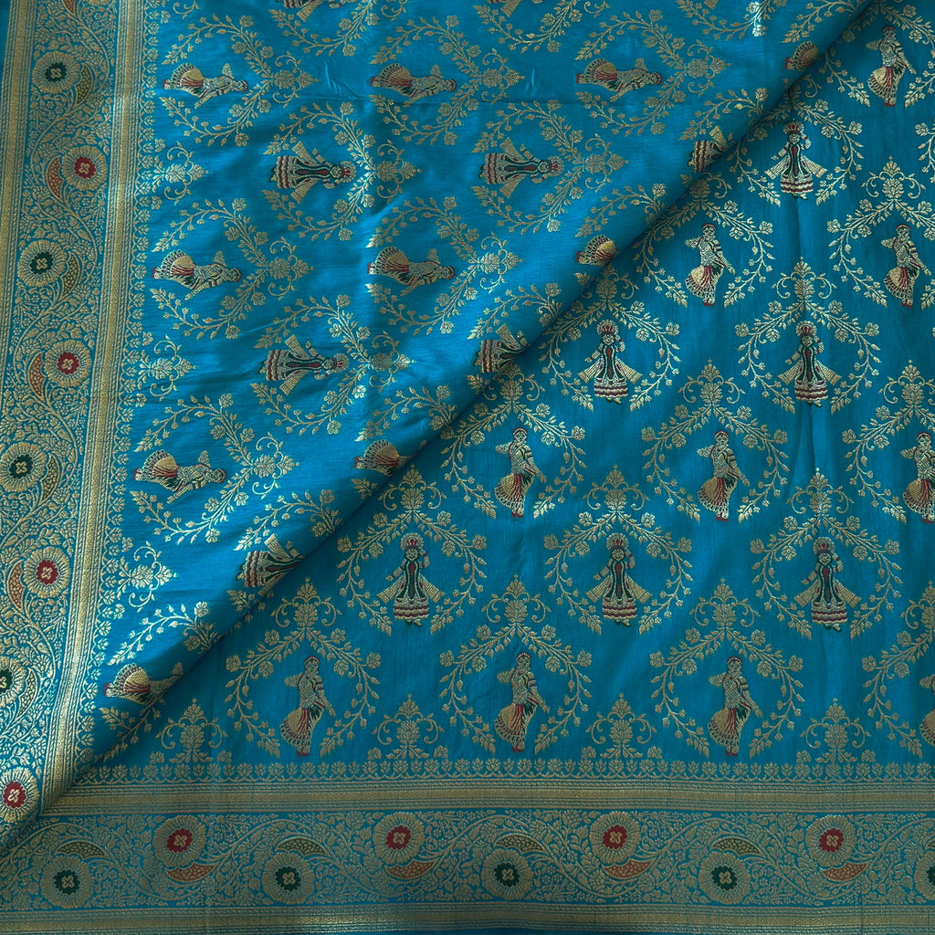 Turquoise Banarasi Silk Saree Gold Zari Floral Figurative Pallu Tassels