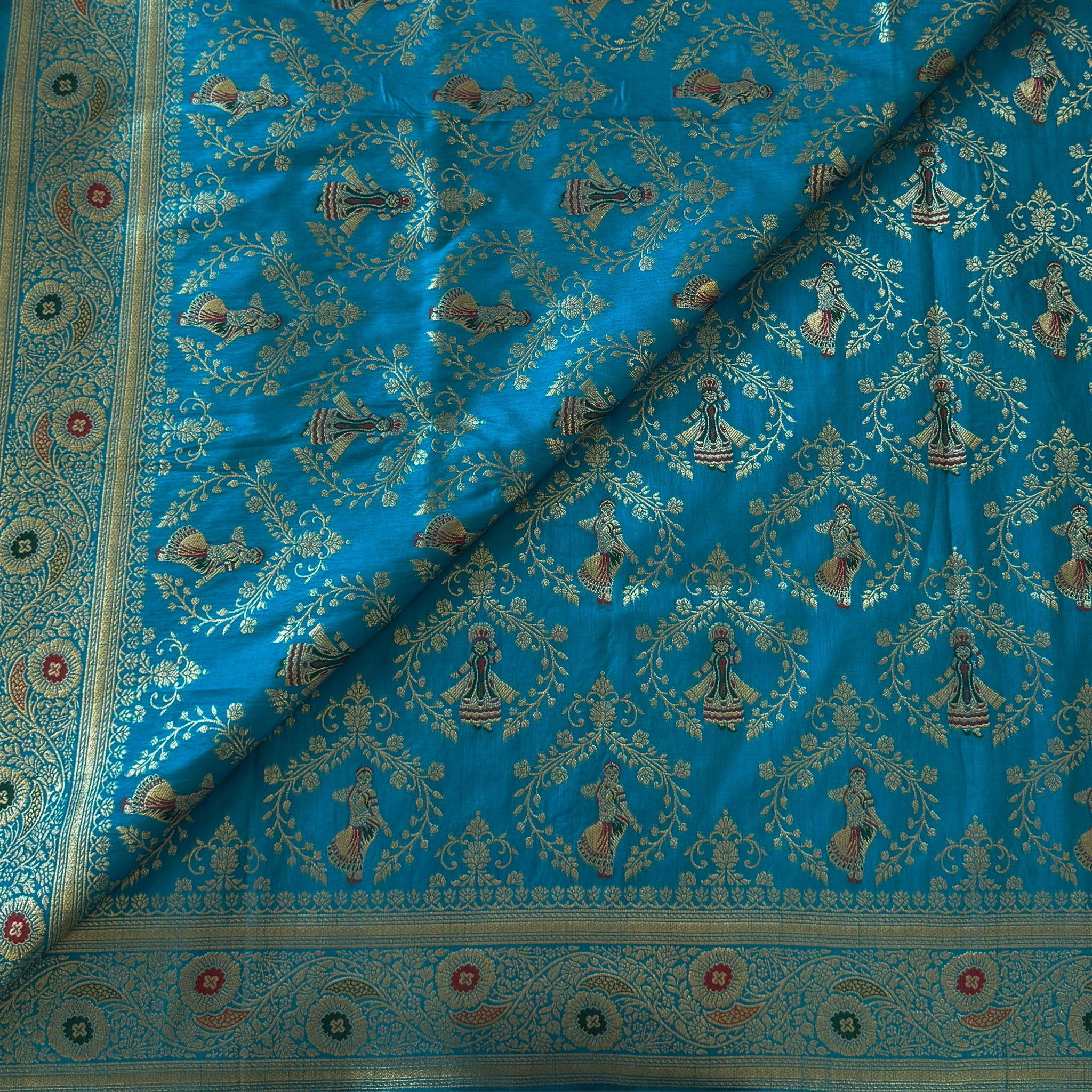 Turquoise Banarasi Silk Saree Gold Zari Floral Figurative Pallu Tassels