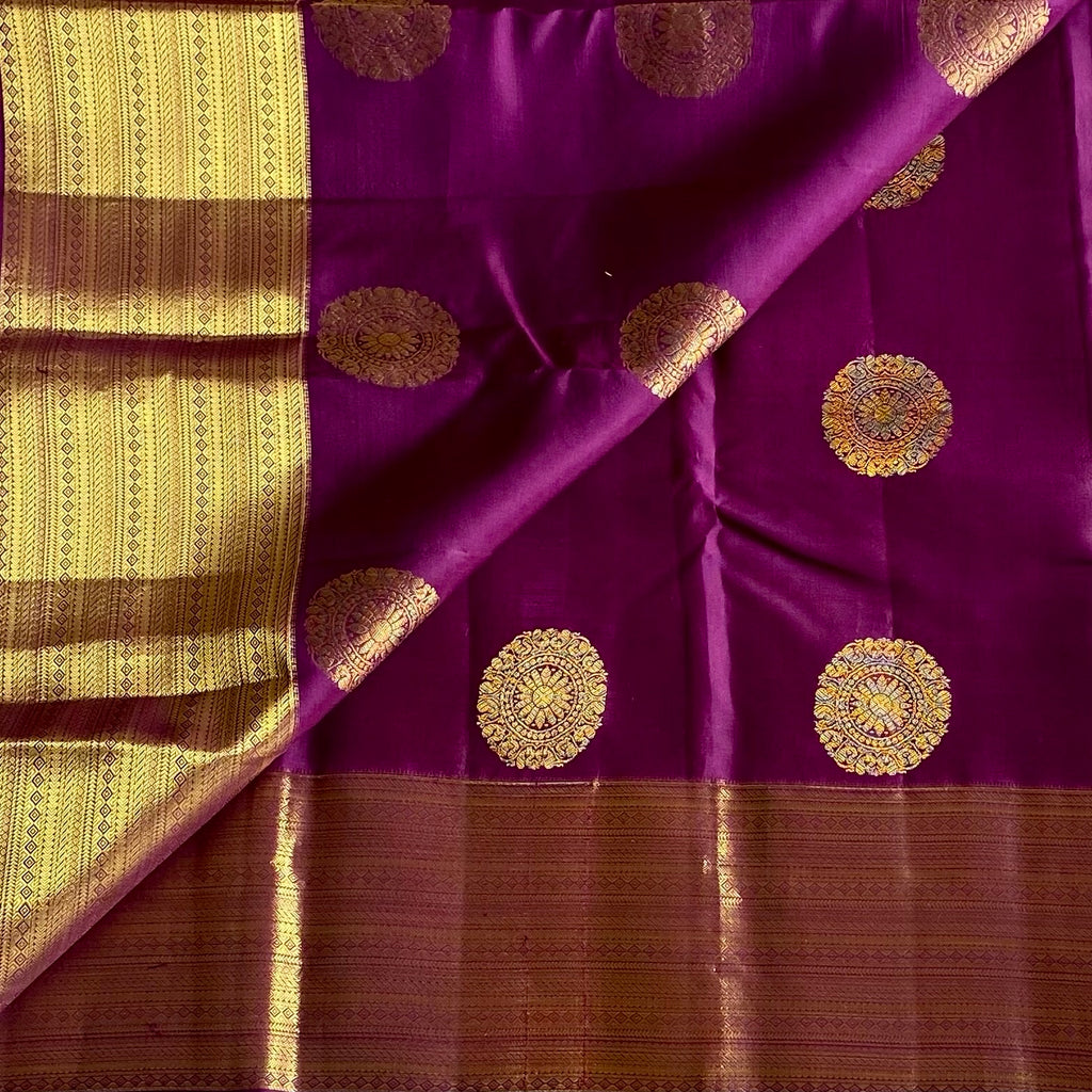 Rich Magenta Designer Pure Silk Saree With Antique Gold Border