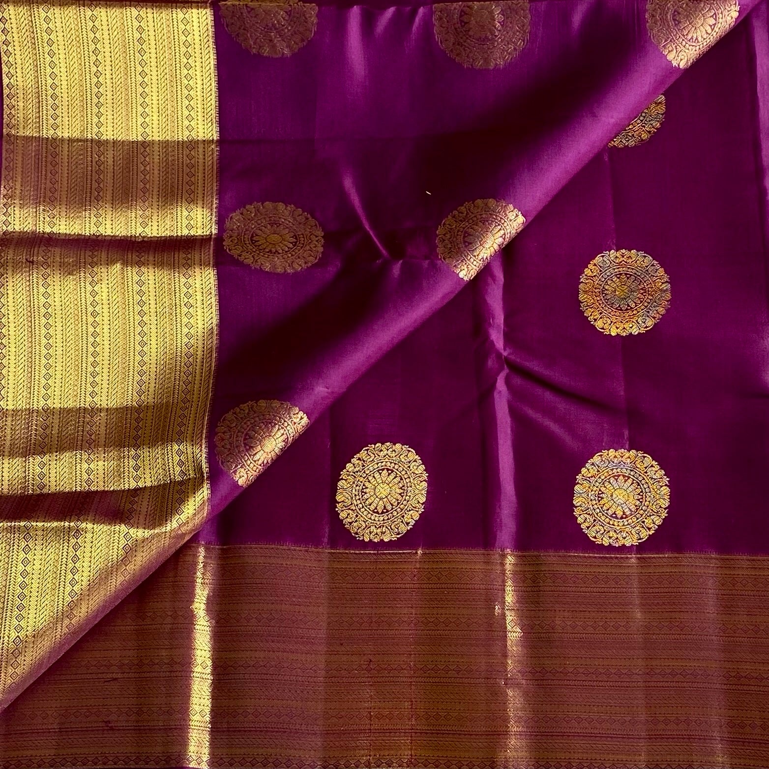 Rich Magenta Designer Pure Silk Saree With Antique Gold Border