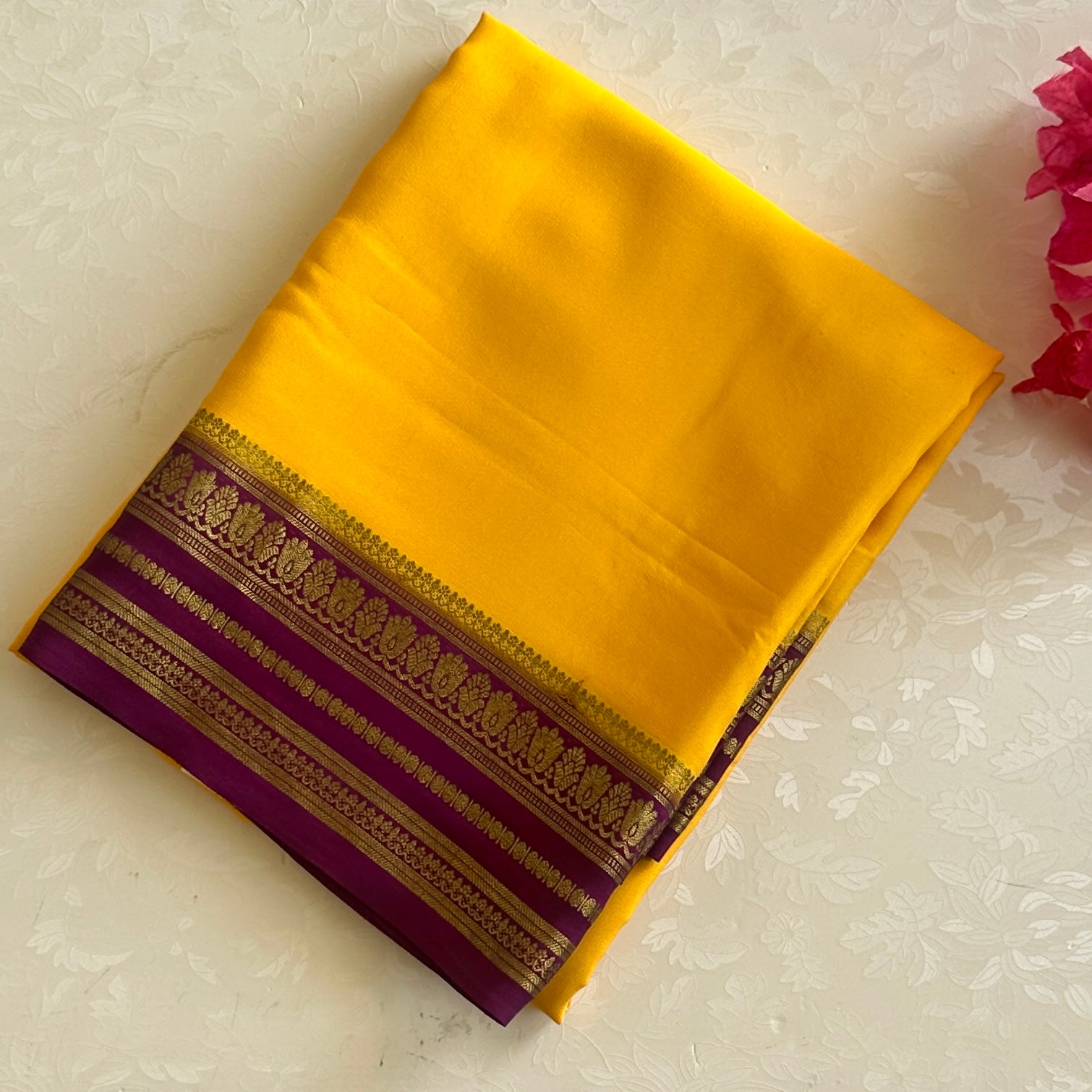 Mustard Yellow Saree with Plum Gold Zari Border Traditional Wear