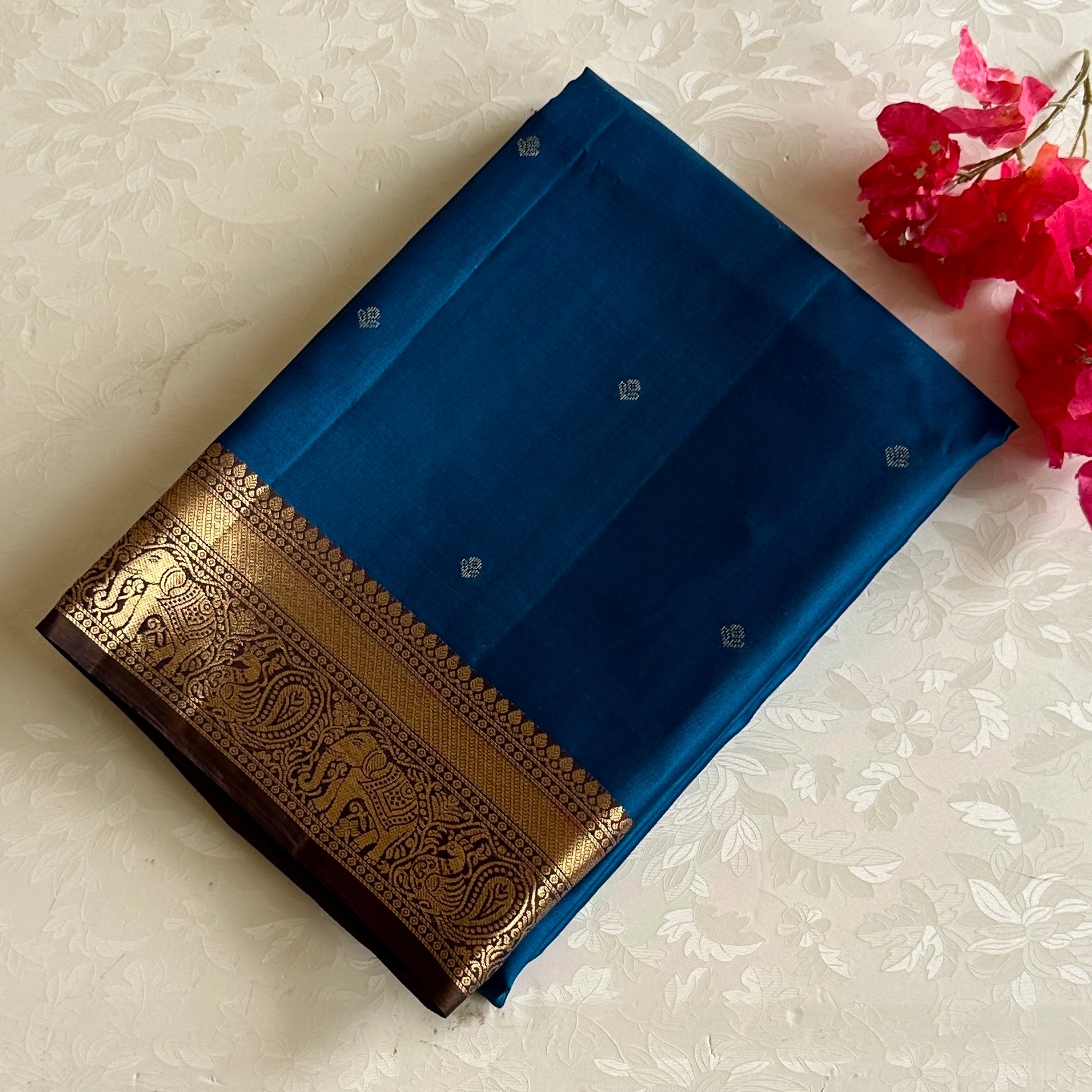 Cobalt Blue Designer Pure Silk Saree Bronze Brown Contrast Pallu