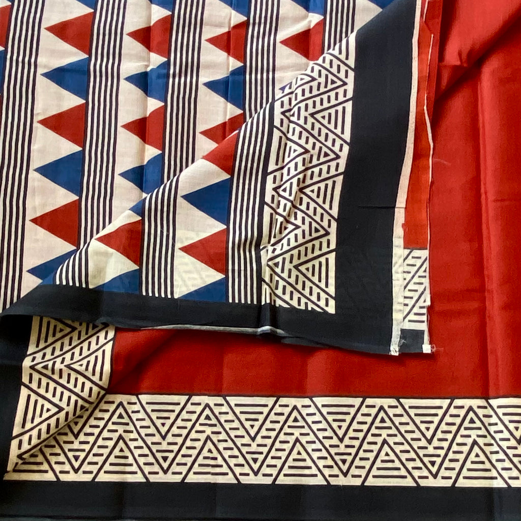 Ecru Geometric Triangle Cotton Saree Bold Rust Pallu Black Border