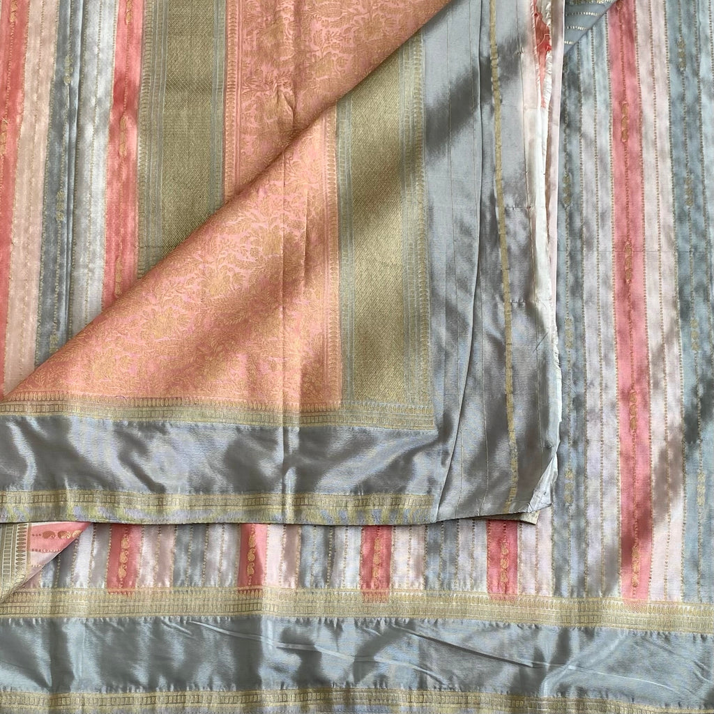 Silver Gray, White and Peach Striped Soft Tussar Silk Saree With Dusty Pink Pallu