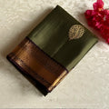 Olive Green Designer Pure Silk Saree With Deep Maroon Pallu
