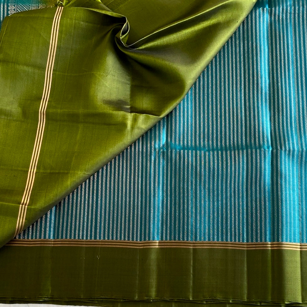 Olive Green Designer Pure Silk Saree With Teal Blue Pallu
