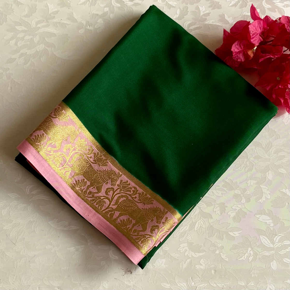 Emerald Green Mysore Crepe Silk Saree With Pastel Pink Pallu Gold Border