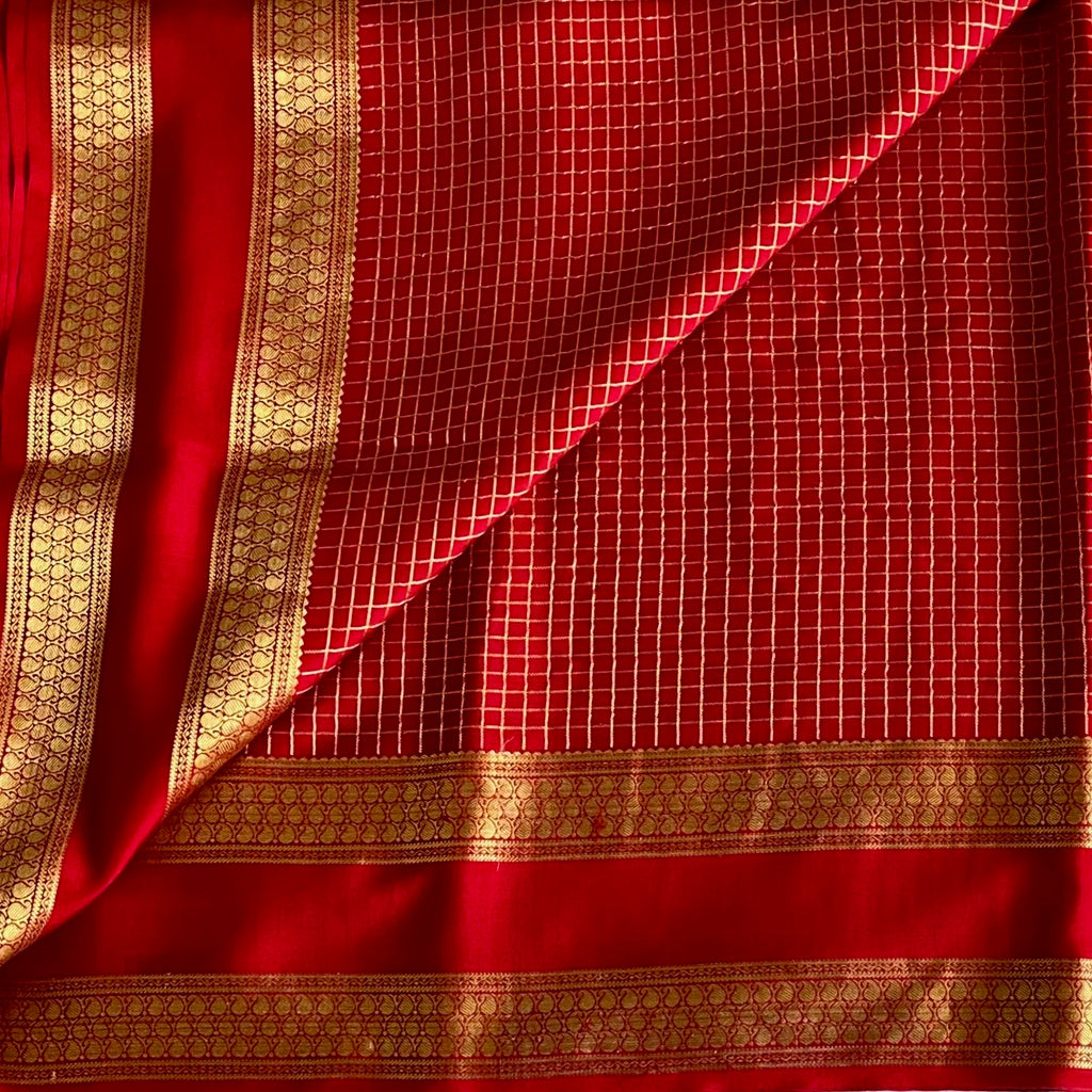 Bright Red Mysore Crepe Silk Saree With Antique Gold Zari