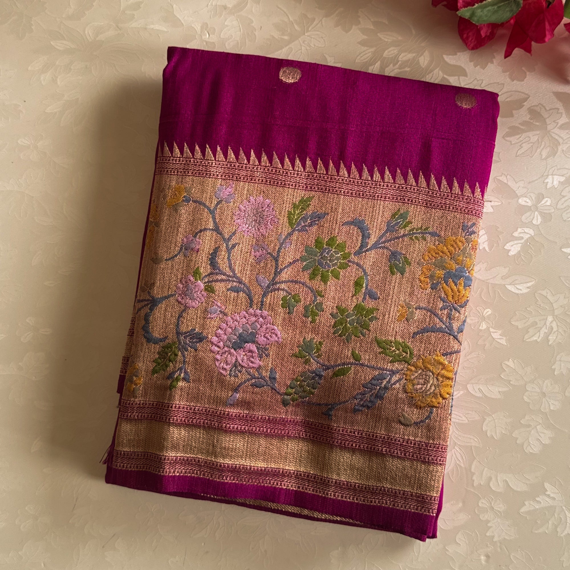 Deep Magenta Brocade Floral Saree With Gold Polka For Festive Occasions