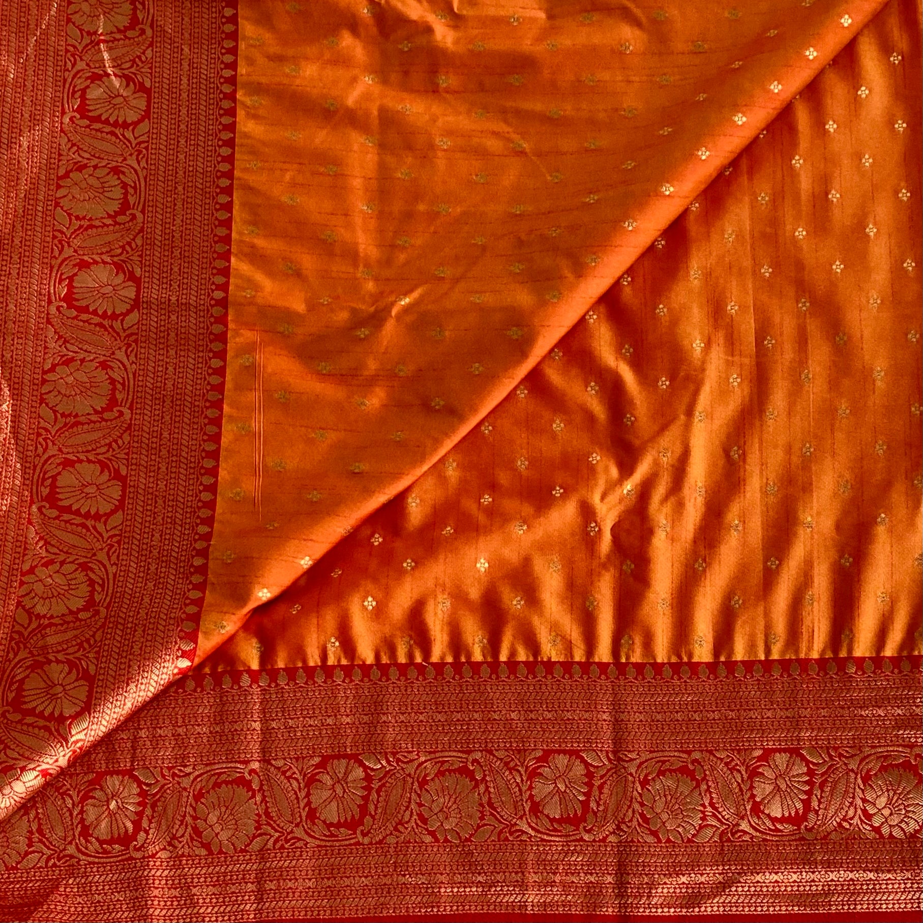 Tangerine Silk Saree Crimson Pallu Gold Zari Floral Border Tassel