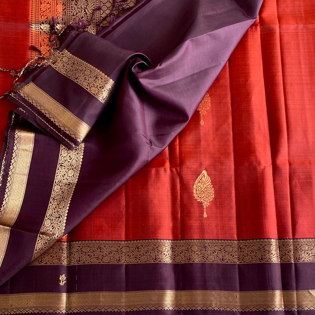 Rust Red Designer Pure Silk Saree With Deep Purple Pallu