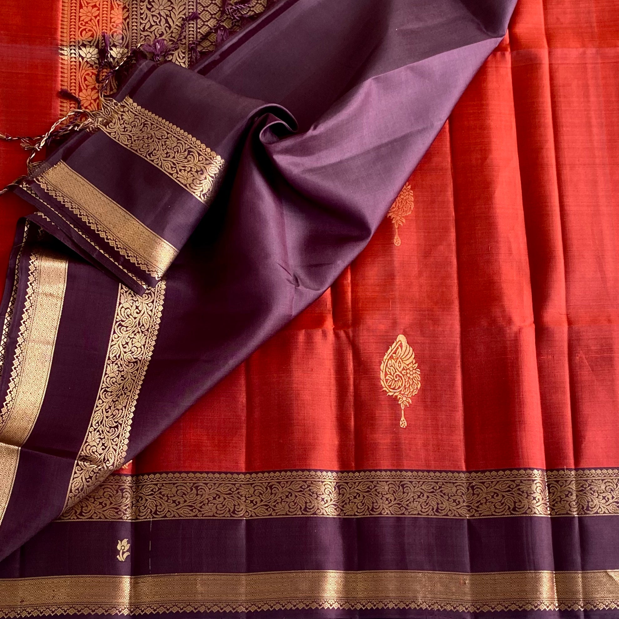 Rust Red Designer Pure Silk Saree With Deep Purple Pallu