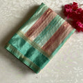 Mint Green And Peach Striped Soft Tussar Silk Saree With Dusty Rose Pallu