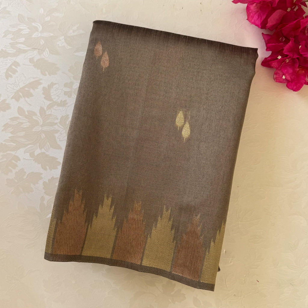 Deep Maroon Ikat Silk Saree Gold Zari Olive Pallu Border