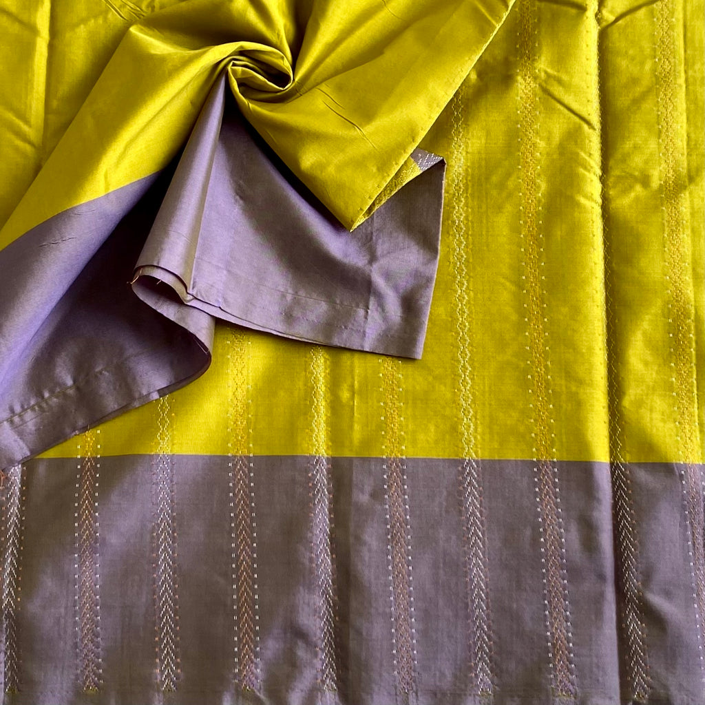 Lime Green Soft Mixed Silk Saree With Smoky Lavender Pallu