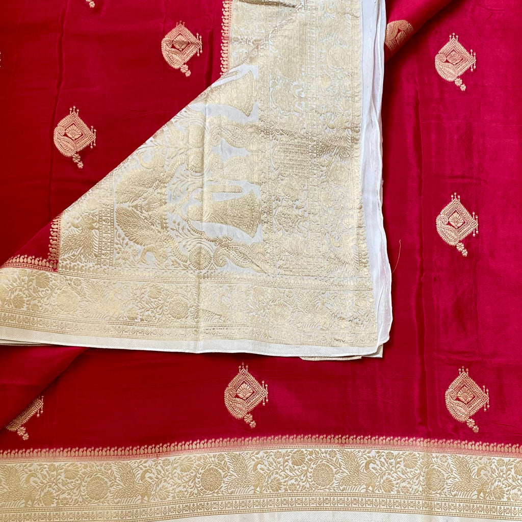 Cherry pinkish red with pearl designer soft crepe silk