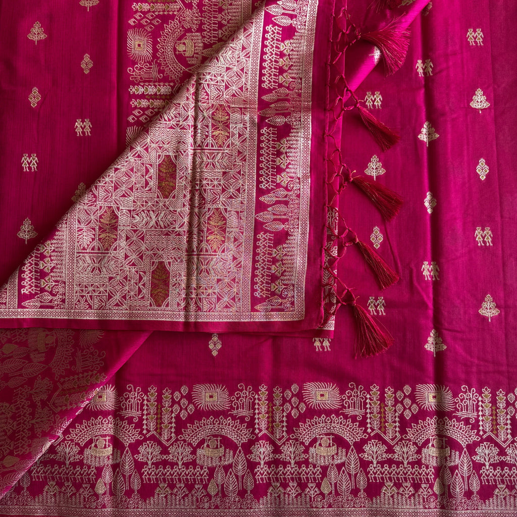 Fuchsia Gold Brocade Silk Saree Tassel Pallu Wide Border Traditional