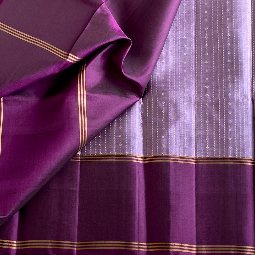 Metallic Lavender Designer Pure Silk Saree With Purple Intricate Pallu