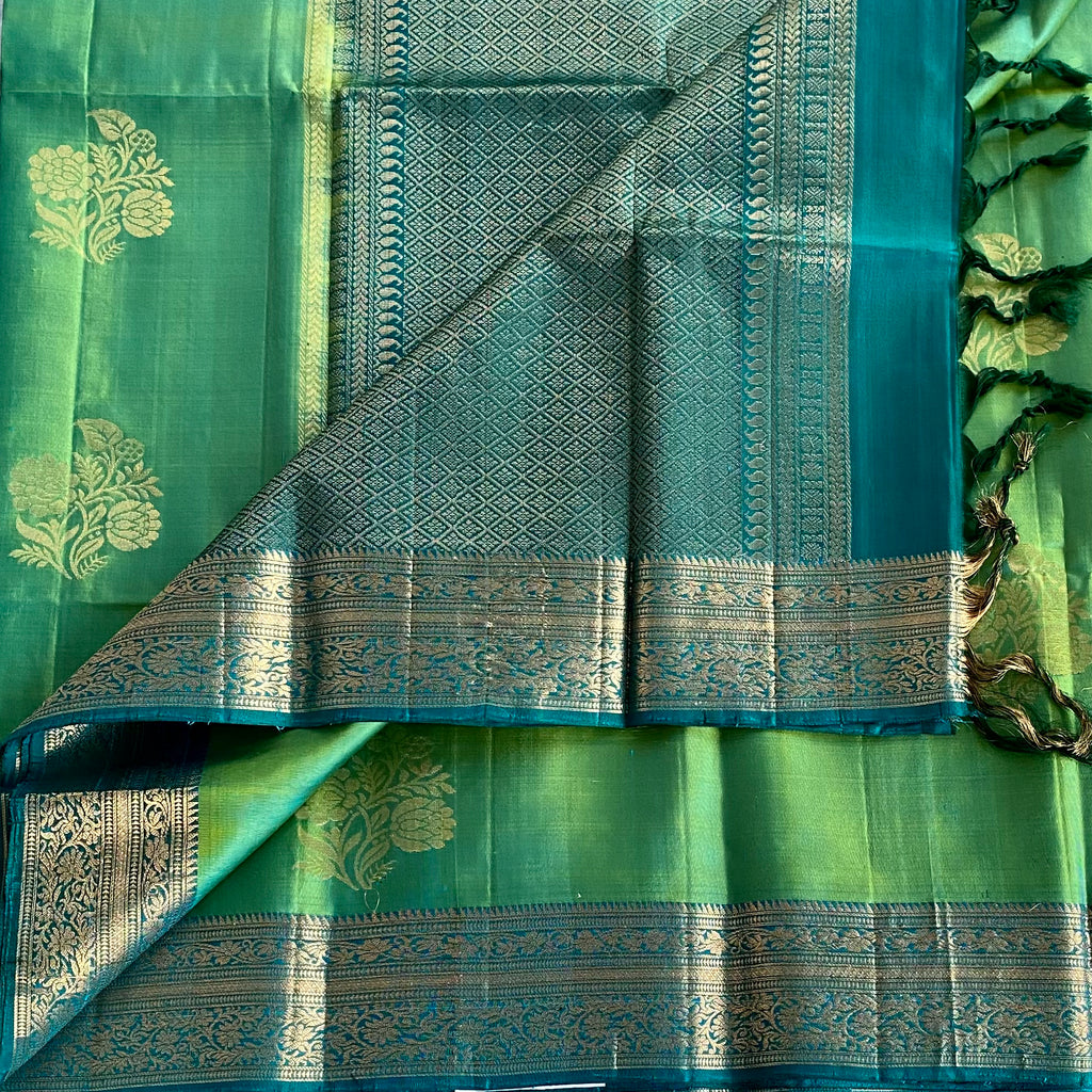 Lime Green Teal Green Designer Pure Silk Saree With Gold Jaal