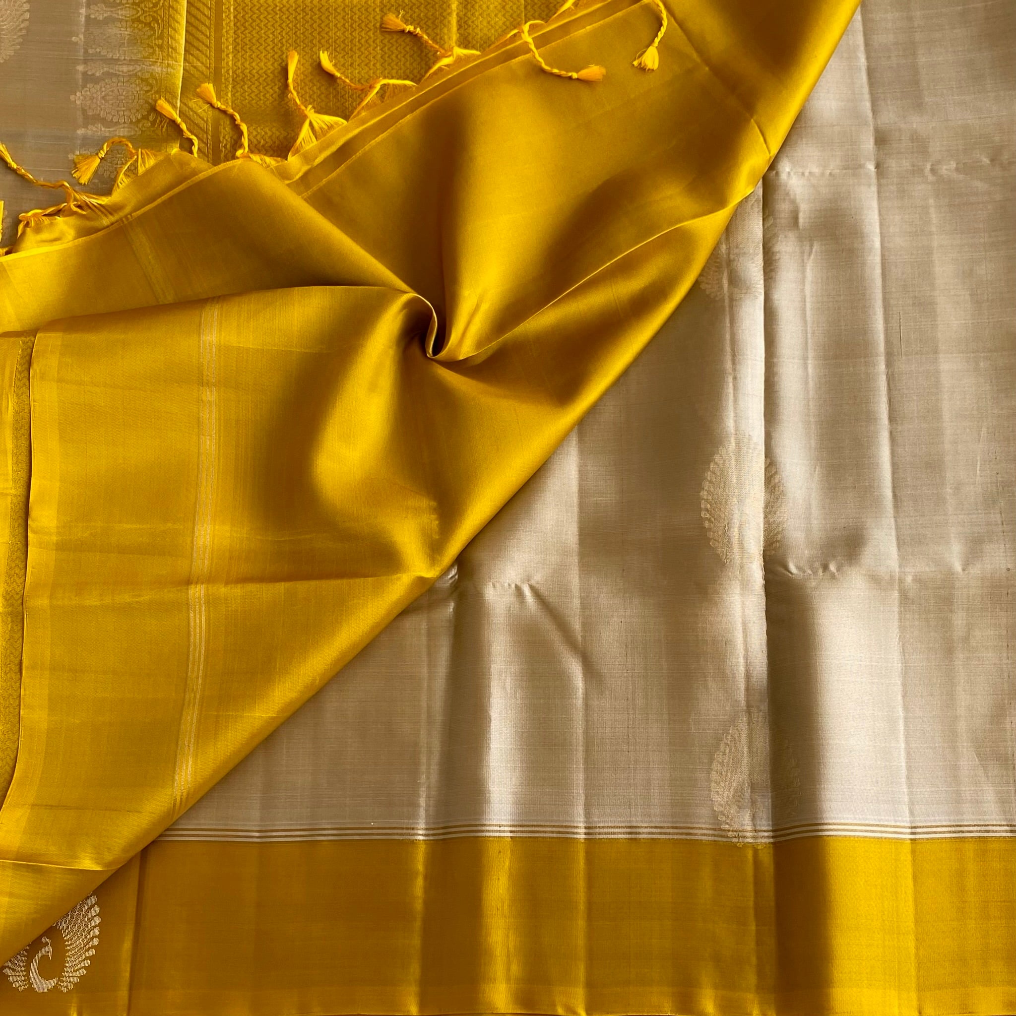 Pearl Beige Designer Pure Silk With Golden Yellow Contrast