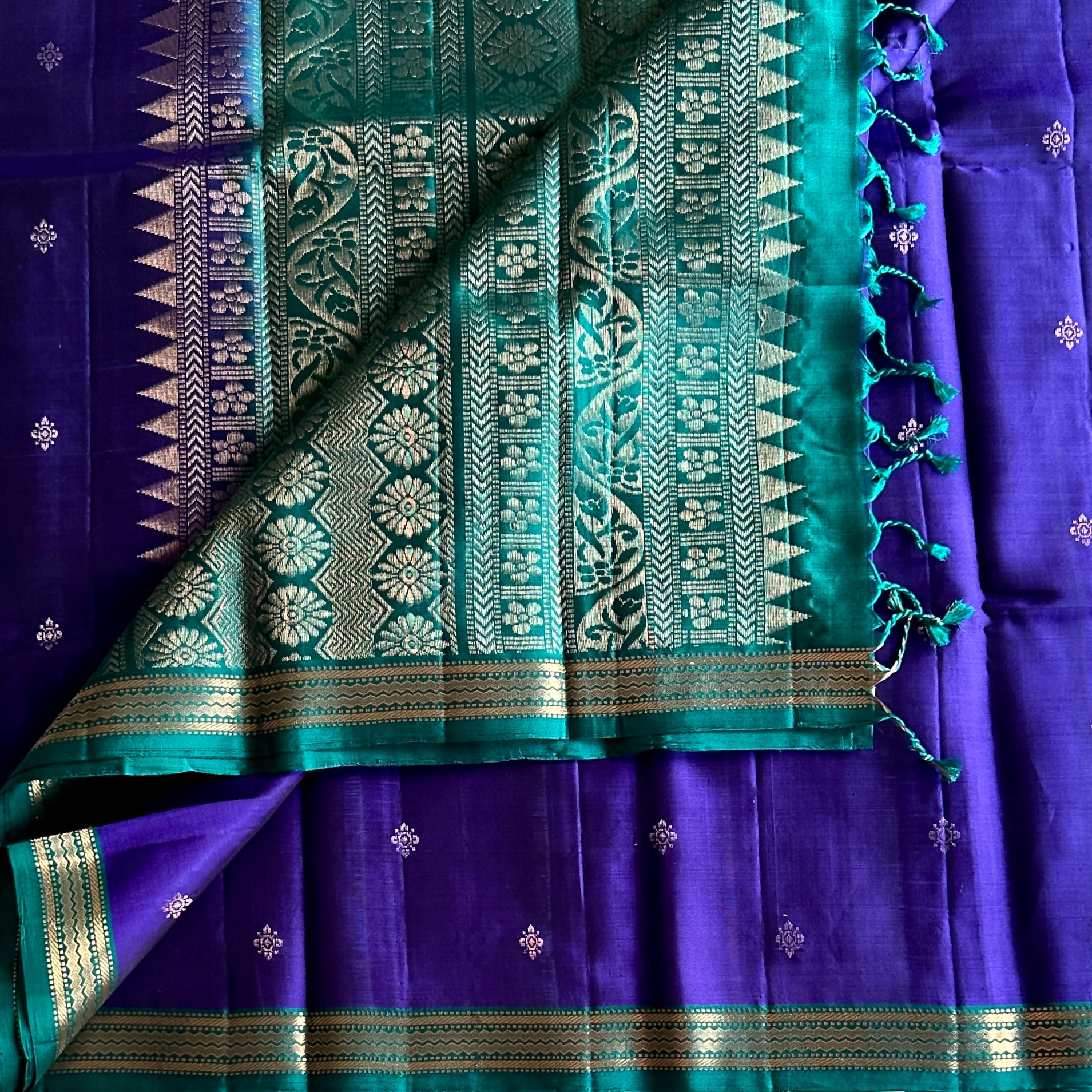 Traditional Purple Silk Saree Teal Pallu Gold Zari Floral Weave