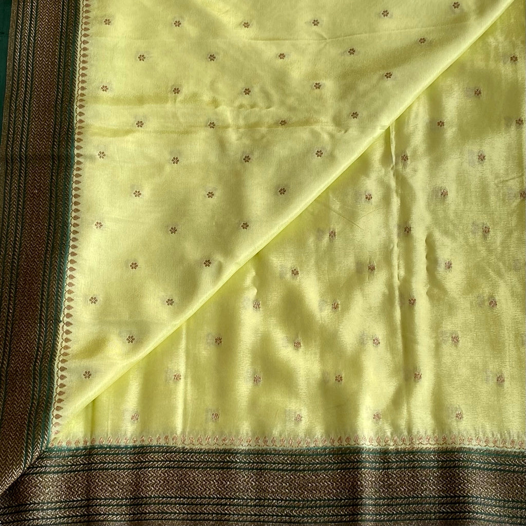 Pastel Lighest Green Banarasi Crepe Silk Saree Forest Green Border Pallu