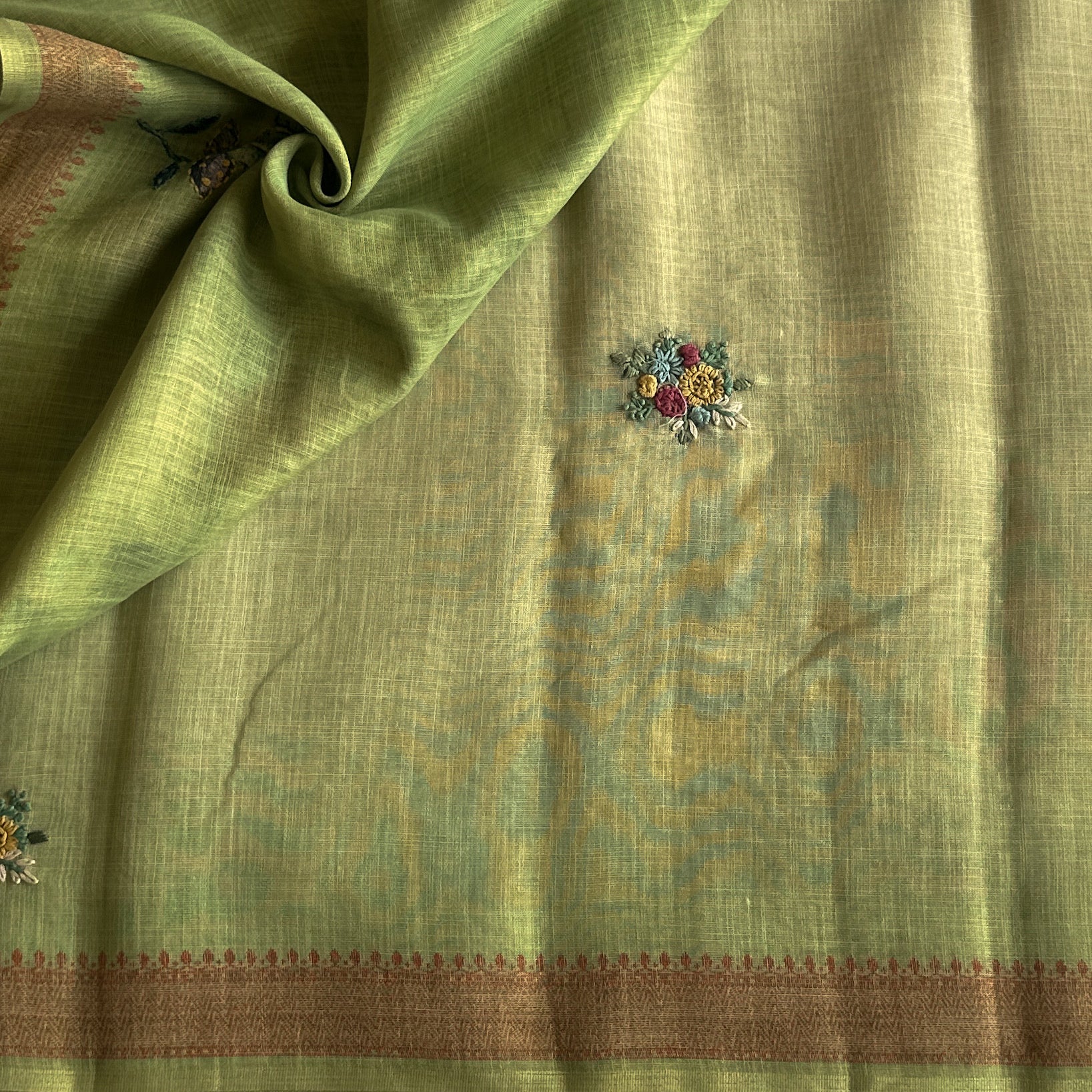 Elegant Pistachio Green Floral Embroidered Saree Antique Gold Brocade Border