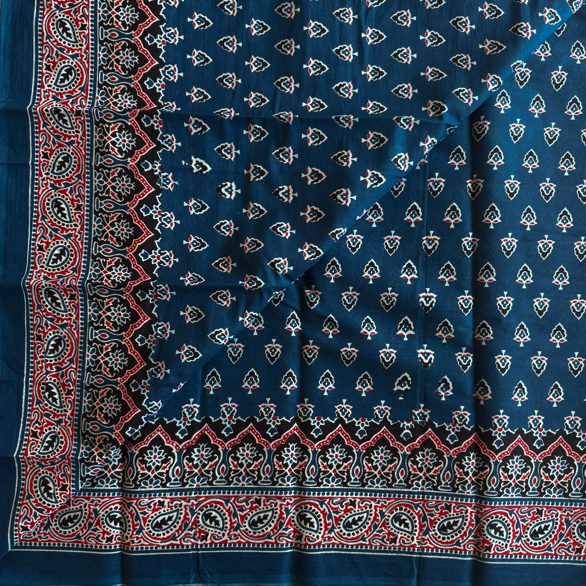 Indigo Red Block Print Cotton Saree Paisley Floral Casual Wear
