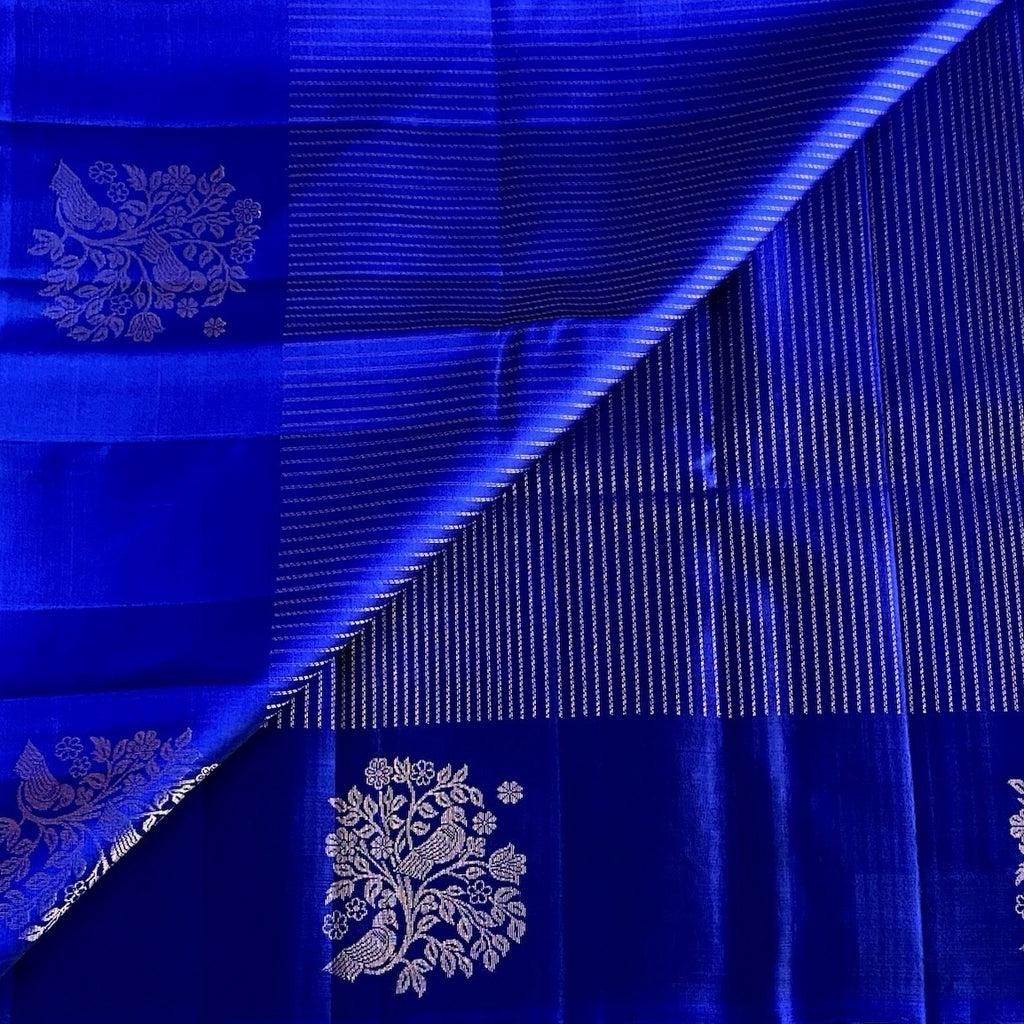 Royal Blue Designer Pure Silk Saree With Gold Pallu And Chevron Border